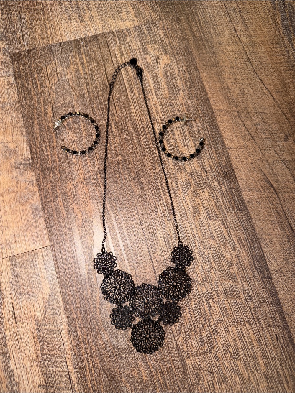 Black Filigree Floral Statement Necklace with Matching Hoops
